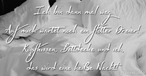 Ich bin dann mal weg. Auf mich wartet ein flotter Dreier! Kopfkissen, Bettdecke und ich, das wird eine heiße Nacht!