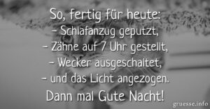 So, fertig für heute: Schlafanzug geputzt, Zähne auf 7 Uhr gestellt, Wecker ausgeschaltet und das Licht angezogen. Dann mal Gute Nacht!