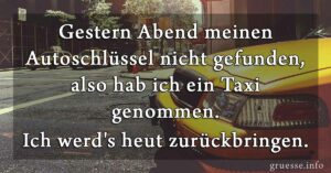 Gestern Abend meinen Autoschlüssel nicht gefunden, also habe ich ein Taxi genommen. Ich werds's heut zurückbringen.